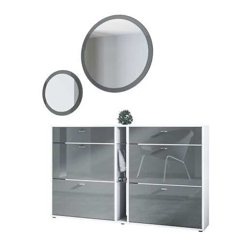 Vladon Garderoben-Set Florence mit Schuhschrank und 2 Wandspiegel, Made in Germany, Weiß matt/Grau Hochglanz