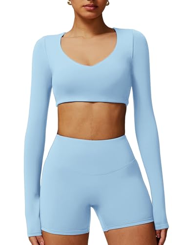 Image of ABOCIW Women Square Neck Long Sleeve Workout Crop Top Low Medium Impact Athletic Yoga Gym Shirts with Built in Bra(ONLY TOP)