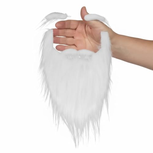 White Fluffy Fake Beard and Eyebrows Set - Realistic Santa Beard and Facial Hair Costume Accessory for Christmas Parties Theater and Cosplay