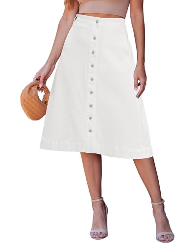 luvamia Jean Skirts for Women Trendy Midi Length A Line White Denim Skirt with Pockets A-line Skirts Button Down Faldas para Mujer Cream White Size Medium US 8 to 10