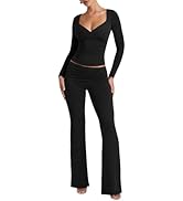 Lrady Womens 2 Piece Outfits Lounge Sets Lightweight Comfy Slim Crop Tops Fold Over Flare Pants T...