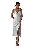 SiuyWen Women's V Neck Satin Dress Spaghetti Strap Sleeveless Long Slit Cocktail Wedding Guest Maxi Dress Silver