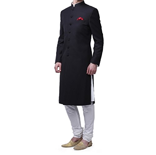 Image of Royal Kurta Men's Suiting Kneelong Black Bandhgala Sherwani for Men