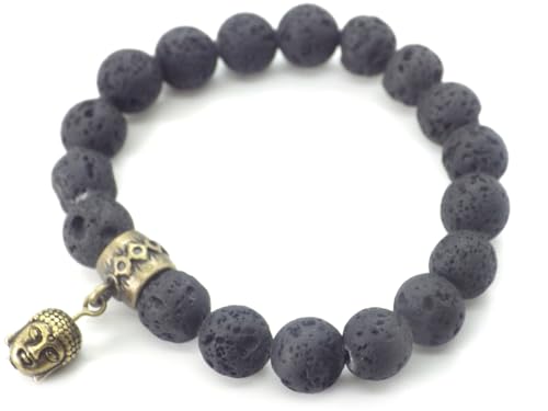 ThurColas Bracelet en pierre de lave noire naturelle d’Islande – perles 10 mm – 19 cm – tête de Bouddha en laiton finition bronze antique – fabrication artisanale française