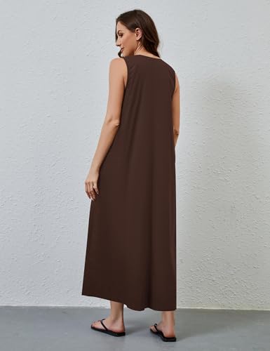 Image of MISSACTIVER Women's Sleeveless Maxi Dress Scoop Neck Ruched Long Dress with Side Pockets Wide Shoulder Elegant Blouse Dresses