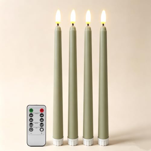 Image of Sage Green Flameless Taper Candles with Remote Timer Set of 4