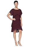S.L. Fashions Women's Short Sleeve Solid Tulip Tiered Chiffon Dress (Missy and Petite), Aubergine Beaded, 16