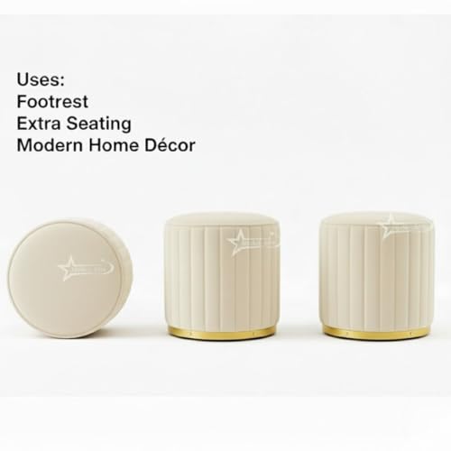 Image of Upholstered Round Linen Strip Stool Living Room Foot Rest Office Stool Pouf Ottoman Padded Seat - Cream