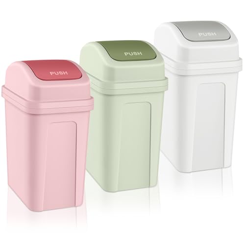Image of Sumind 3 Pcs 1.8 Gallon Bathroom Trash Can with Swing Lid Small Garbage Can Plastic Bathroom Trashcan Garbage Bin for Kitchen Waste Bedroom Room Outdoor (Green,Pink,Beige)