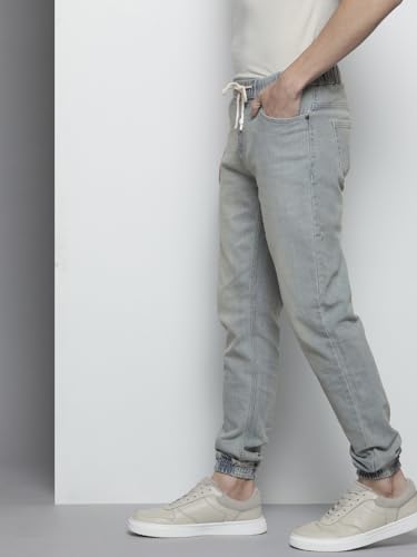 Image of The Indian Garage Co Men Slim Fit Solid Mid-Rise Stretchable Denim Joggers
