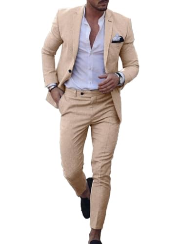 Men's Linen 2-Piece Suit 2025 Spring Summer Breathable Wedding Business Blazer Pant Set Lightweight Suit HRX43