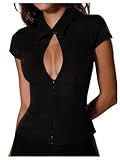 WDIRARA Women's Cut Out Ruched Cap Sleeve Collared Sexy Fitted Top Black Large