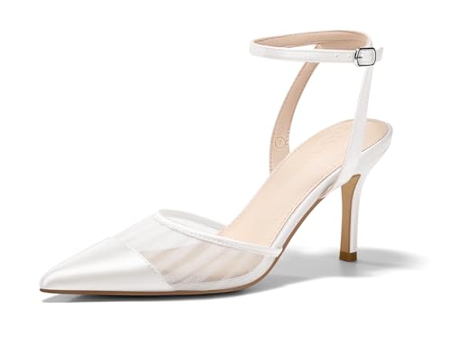 Coutgo Womens Mesh High Heels Satin Closed Pointed Toe Pumps Patchwork Wedding Dress Shoes