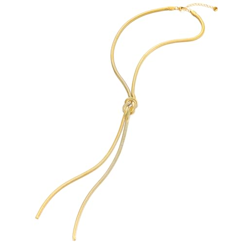COOLSTEELANDBEYOND Gold Color Knot Lariat Necklace, Y-chain Necklace Drop Tassels, Statement Layering, Snake Chain