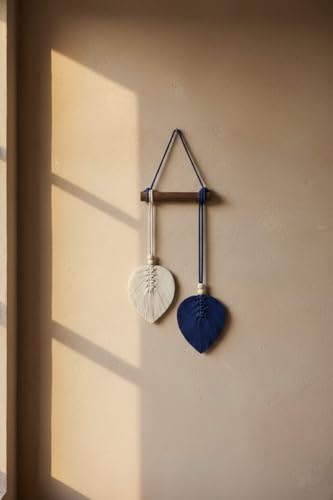 Image of AdFashionble Boho Macrame Wall Hanging Leaf Decor for Home, Living Room & Bedroom | Cotton Thread Art with Wooden Rod | Minimalist Handmade Wall Decoration | Aesthetic Nordic Wall Art for Home, Office & Gift Purpose (BLUE & OFFWHITE)