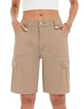 Actcat Jeans Bermuda Shorts Damen High Waist Knielang Sommer,Khaki,L