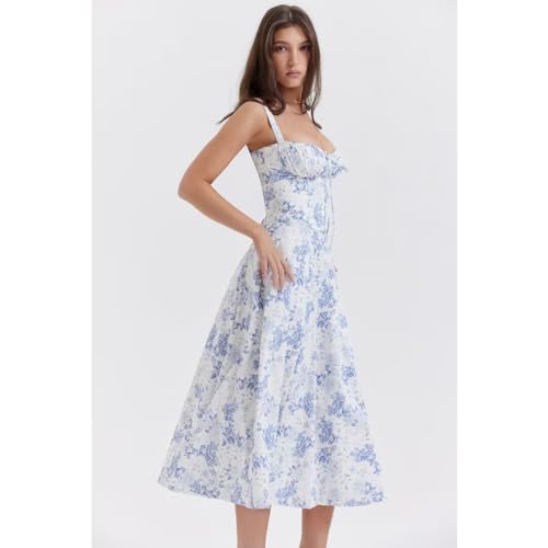 Image of Floral Corset Midi Dress Square Neck A Line Dress with Slit | Square neck floral midi dress with front tie bust wide straps A-line skirt side slit and lightweight fabric