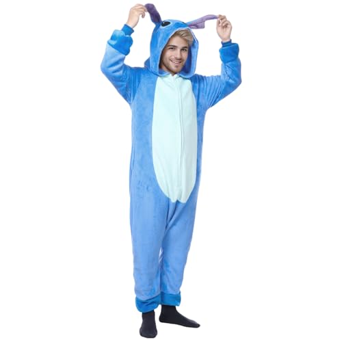 Suffolly Pijama Entero para Mujer Hombre, Adult Onesie Animales Costume con Jirafas Azul, Pijama Invierno Divertido Franela Pijama para Inviernos Navidad (FR/ES, Letras, M, Regular, Regular, Azul)