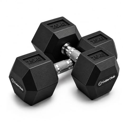 Image of The Cube Club Rubber Encased Hex Dumbbell 15kg Dumbbell Set of 2 (7.5kg Each) | Rubber Coated Anti-Slip Hex Dumbbells for Home Workout, Strength Training & Fitness Exercises for Men & Women