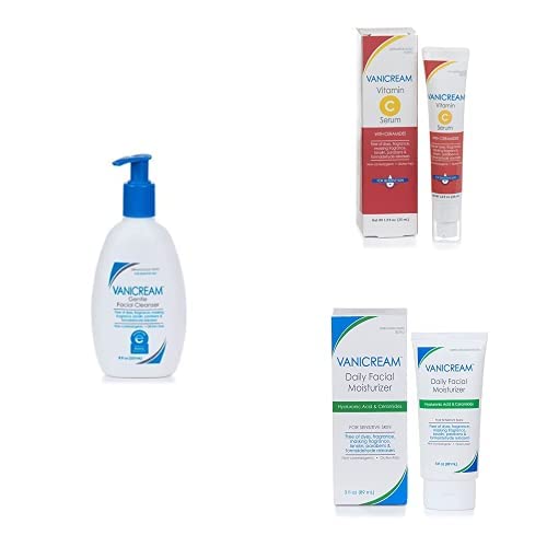 Vanicream Gentle Facial Cleanser with Pump (8 oz), Vitamin C Serum (1.2 oz) & Daily Facial Moisturizer (3 oz)