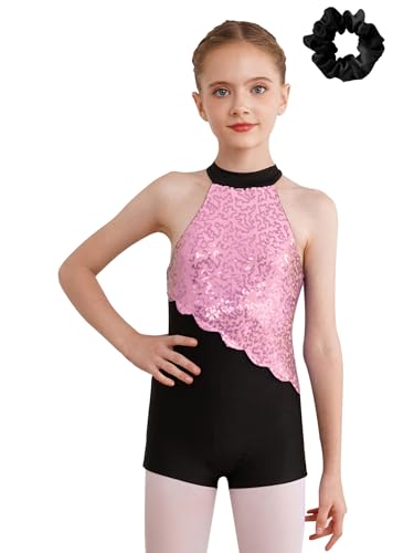 IEFIEL Mono Lentejuelas de Danza para Niña Leotardo Gimnasia Maillot de Patinaje Artístico Mono de Baile Competición 3-16 Años rosa y negro a 7-8 años