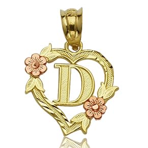 10K Yellow Gold Alphabet Initial Charm Necklace Pendant with Beautiful Heart and Rose Border