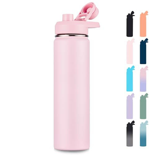 Image of Fijinhom Insulated Water Bottle with Handle, 304 Stainless Steel Water Bottles with Wide Mouth, Double Wall Vacuum Sports Water Bottle, BPA Free, Keep Cold and Hot, 24 Ounces, Pink