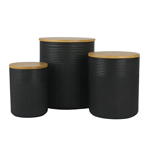 Image of 10 Strawberry Street Luca Matte Black Embossed Ceramic Kitchen Canister Set, Set of 3, Bamboo Lids