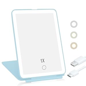 Koolstuffs Travel Mirror for Makeup, Rechargeable Light up Pink Mirror with 72 LED Lights,1000mAh Batteries, 3 Colors Light Modes USB Portable Desktop Mirror with Dimmable Touch Screen (Blue)
