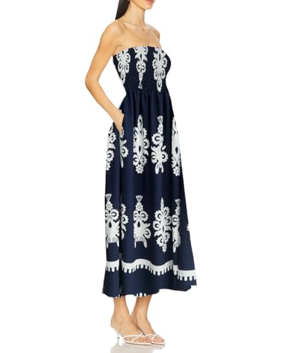 Image of Women Strapless Smocked Flowy Swing Boho Maxi Dress Tube Top Beach Dress | Smocked Bodice Flowy A Line Beach Dress with Pocket Casual Vacation Beach Wedding Guest Dress Off Shoulder Boho Dresses