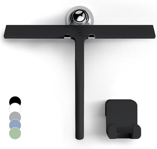 Image of GAƒA inchTEWERK Shower Squeegee Black 11 in - incl. Chrome Suction Cup Hook - Stainless-Steel core - Silicone Rubber squeegees for Bathroom Cleaning Window Screen Bath Wiper Cleaner Glass Door Blade Showers