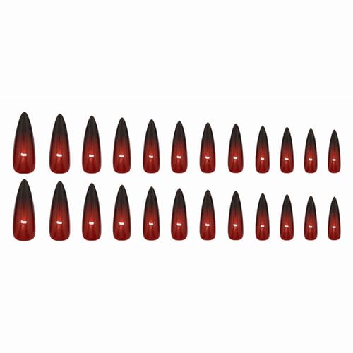 MISUD Press on Nails - Long Stiletto Fake Nails with Goth Red Black, Acrylic Gothic Vampire Design 24 pcs