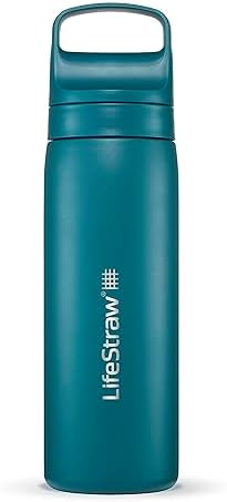 LifeStraw Go Series – Insulated Stainless Steel Water Filter Bottle for Travel and Everyday Use, Removes Bacteria, Parasites and Microplastics, Improves Taste, 18oz Laguna Teal