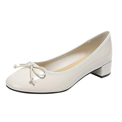 Image of Women's Classic Closed Round Toe Patent Leather Bow Block Heel Loafers - Retro Shallow Slip-On Low Heel Casual Office Dress Shoes