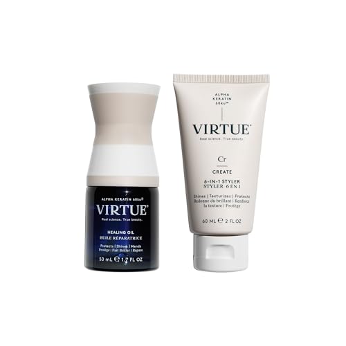 VIRTUE Healing Hair Oil & 6-in-1 Styling Cream Bundle Repair Protect and Style for All Hair Types Amazon Exclusive Color Safe
