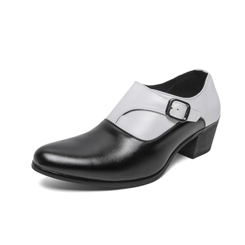 Men's Two Tone Genuine Leather Slip On Chunky Heel Monk Strap Dress Loafers Fashion Pointed Toe High Heel Chelsea Oxford Shoes Casual Business Formal Shoes