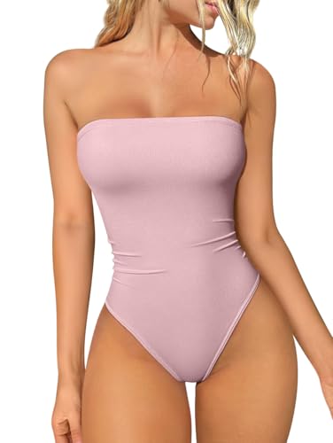 OQQ Womens Tube Bodysuits Strapless Basic Sleeveless Ruched Stretch Classic-Fit Tops Sexy Bodysuits Hide pink