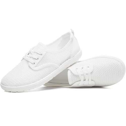 THATXUAOV Women's Breathable Mesh Tennis Shoes - Lightweight Low Top Lace-Up Canvas White Sneakers for Casual Walking, Sports, and Everyday Comfort