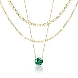 WomenGifts May Created Emerald (Deep Green) Layered Necklace Set, 14K Gold Plated Birthstone Pendant with Choker Cuban Link & Satellite Chain, Personalized Jewelry Gift