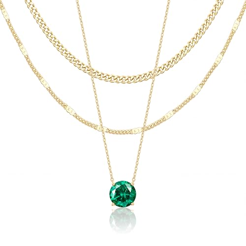 WomenGifts May Created Emerald (Deep Green) Layered Necklace Set, 14K Gold Plated Birthstone Pendant with Choker Cuban Link & Satellite Chain, Personalized Jewelry Gift