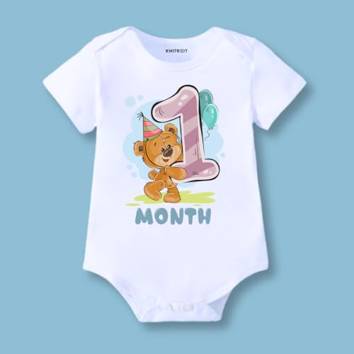 Image of Knitroot Monthly Birthday Teddy Special, Newborn Baby Half Sleeve Unisex Romper, Onesies, Sleepsuit, Body Suit, Envelope Neck, 1 to 12 Months Print, 0-12 Months, Infant Cloth for Boys & Girls