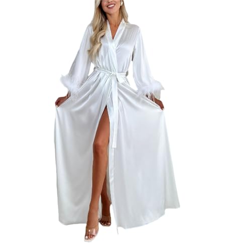 BATHGOWN Women's White Bridal Robe Long Ostrich Feather Robe Bride Robe For Wedding Day Maternity Gown for Photoshoot