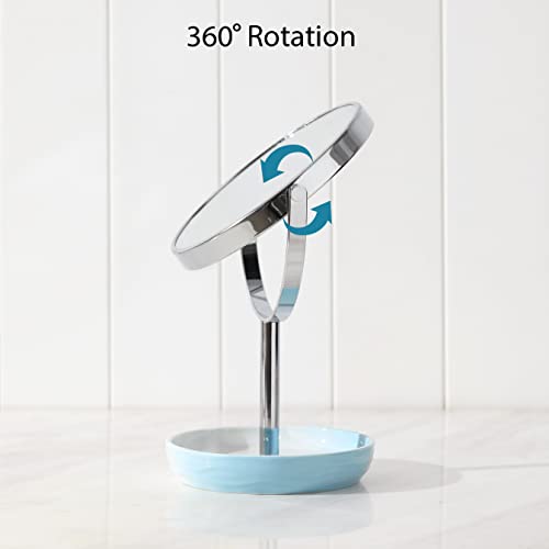 Motifeur Bathroom Accessories - 360 Degree Rotating Two-Sided Makeup Mirror With 1X/5X Magnification, Metal Frame And Decorative Ceramic Tray (Blue And White Gradient) #TOP3