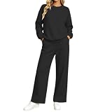 Generisch Damen Jogginganzug Zweiteiler Set Weich Stretch Baggy Langarm Rundhals mit Taschen weites Bein gerippt für große Größen Herbst Winter Freizeit Sport Haus Lounge Loungewear Bequem,Schwarz,M