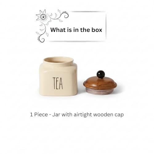 Image of Ceramic Tea Jar Container Airtight Kitchen Storage Containers with Wooden Lids - Handcrafted Ceramic Canisters for Countertop, Pantry & Home Decor - 600ml, Beige