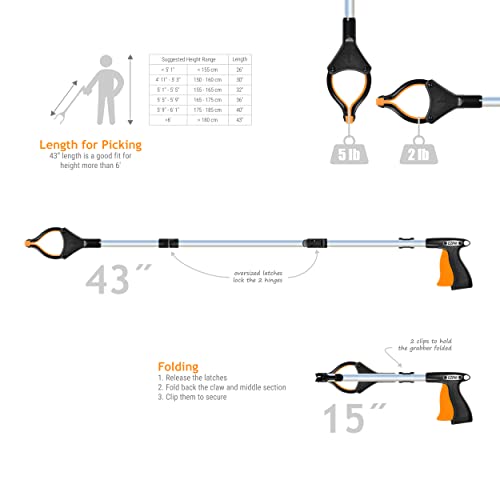 Ezpik® Folding Grabber Tool 43 Inch +Magnets - Extra Long Handled Reacher Grabber Pickup Tool - Heavy Duty Grabber Reacher Tool For Elderly - Trash Picker Grabber Heavy Duty With Rotating Head #TOP4