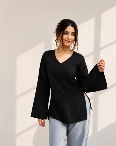 Image of Women's Cotton Short Kurti Black Solid Plain V Neck Full Bell Sleeve Casual Stylish Short Kurta for Women for Jeans Daily Girl Top