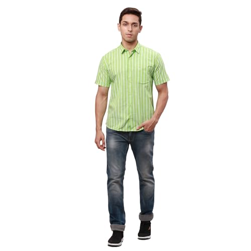 Image of Park Avenue Men's Pure Cotton Chambray Pattern Slim Fit Ainsley Collar Half Sleeve Casual Shirt