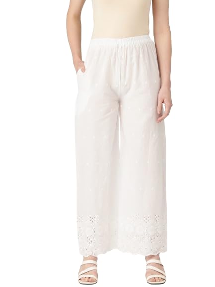 Image of feranoid White Chicken Embroidred Cotton Regular Fit Palazzo