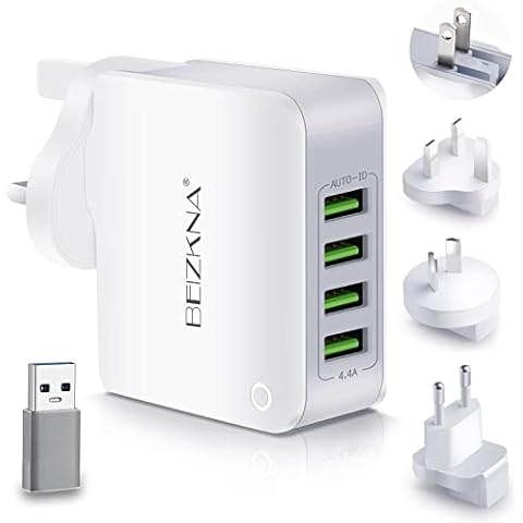 Travel Adapter 4 USB Universal Charger Plug Adaptor 22W 4.4A Multi USB Wall Plug with UK EU USA AUS Worldwide Power Adapter for iPhone, iPad, Android, Tablet(USB to USB C Adapter Included) Cover